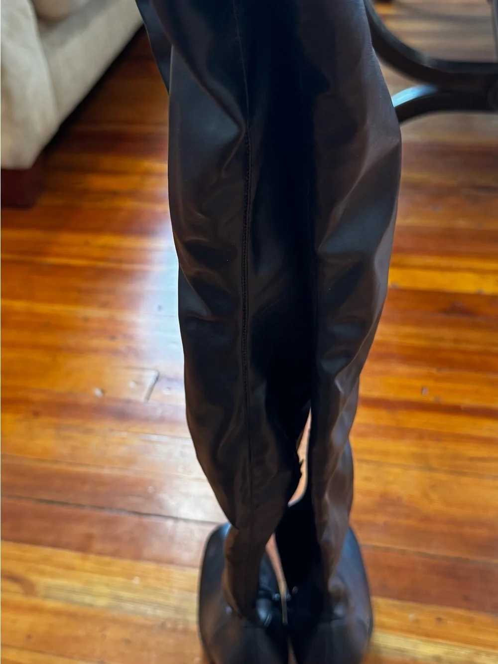 Black Over-the-Knee Square-Toe Faux Leather Boots